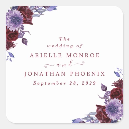 紫と白のフローラ水色結婚の スクエアシール (正面)