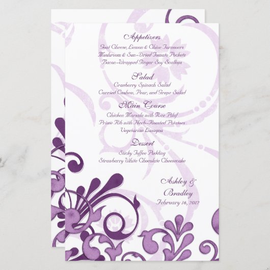 紫と白のフローラ結婚のメニューカード (正面/裏面)