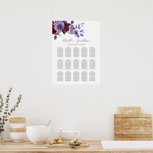 紫と白のフローラ結婚の座席表 ポスター (キッチン)