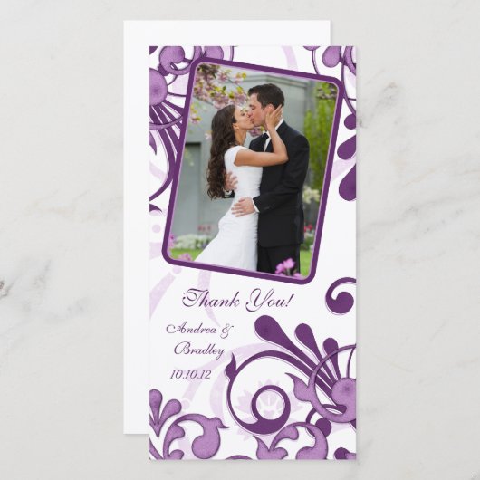 紫と白のフローラ結婚の感謝フォトカード サンキューカード (正面/裏面)