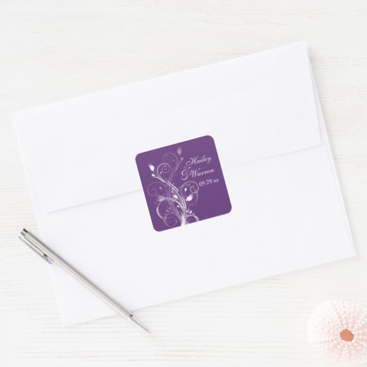 紫と白のフローラ結婚式の引き出物シール2 スクエアシール (封筒)