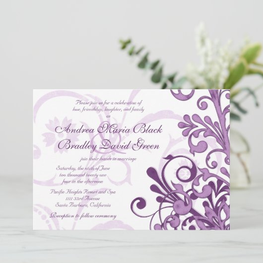 紫と白のフローラ結婚式招待状 招待状 (スタンド正面)