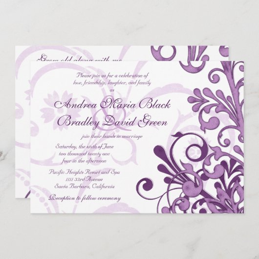 紫と白のフローラ結婚式招待状 招待状 (正面/裏面)
