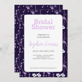 紫と白のフローラ縁ど白ブライダルシャワー 招待状 (正面/裏面)