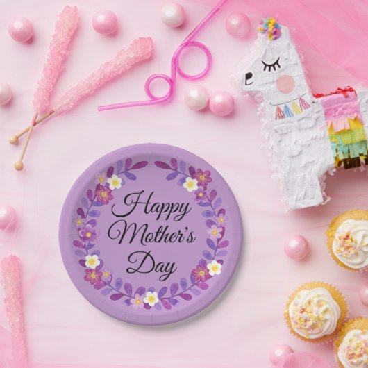 紫と白のフローラ葉と母の日 ペーパープレート (パーティー)