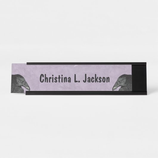 紫と白のミックス上の2つの黒いカラスの頭 デスクネームプレート (正面)