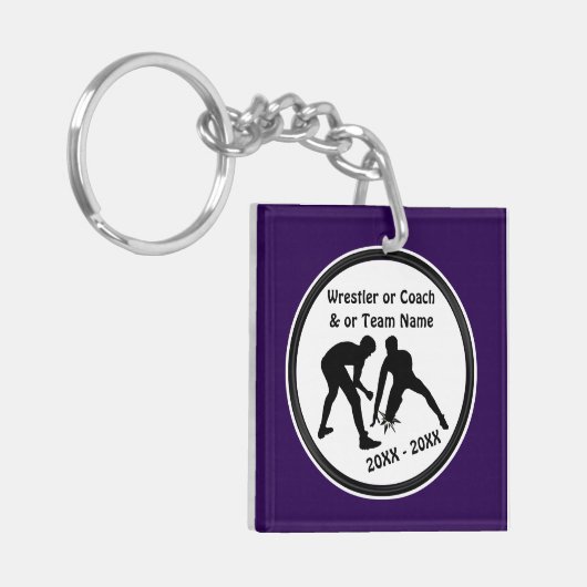 紫と白のレスリングのキーチェパーソナライズされたーン キーホルダー (正面左)