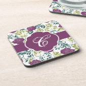紫と白のレトロスタイルバラパターンモノグラム コースター (左側)