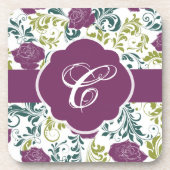 紫と白のレトロスタイルバラパターンモノグラム コースター (正面)