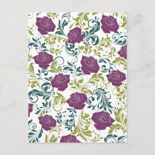 紫と白のレトロスタイルバラパターンモノグラム ポストカード (正面)