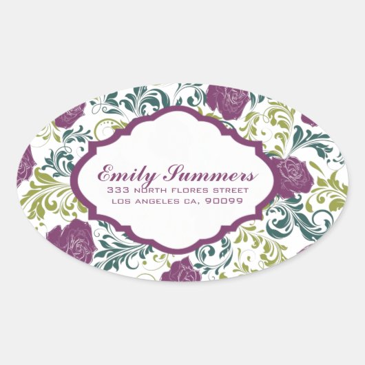 紫と白のレトロスタイルバラパターンモノグラム 楕円形シール (正面)