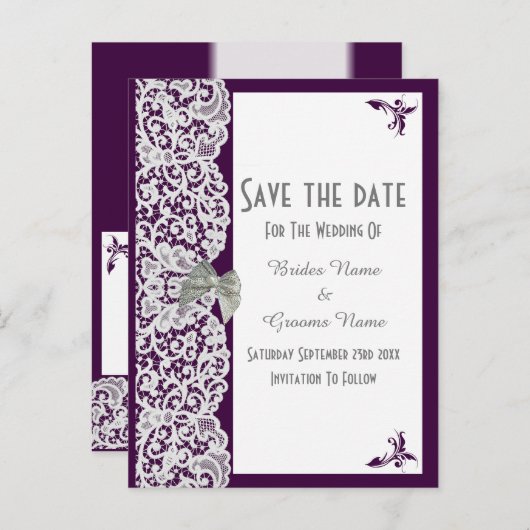 紫と白のレース伝統的は日付を保存する 案内ポストカード (正面/裏面)