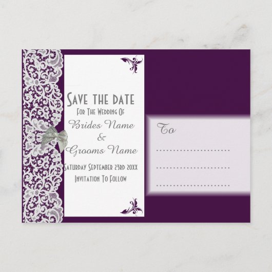 紫と白のレース伝統的は日付を保存する 案内ポストカード (裏面)