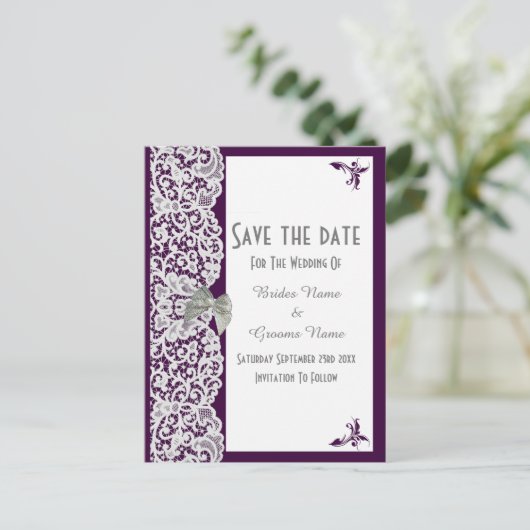 紫と白のレース伝統的は日付を保存する 案内ポストカード (スタンド正面)