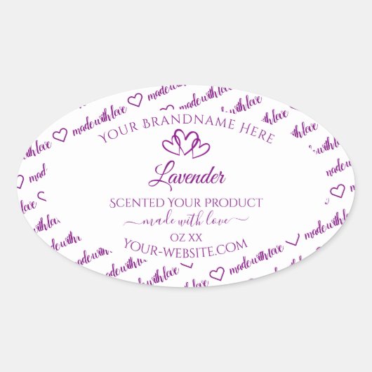 紫と白のワードクラウド製品ラベルのハート 楕円形シール (正面)