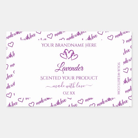 紫と白のワードクラウド製品ラベルのハート 長方形シール (正面)