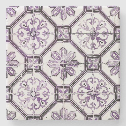 紫と白のヴィンテージタイル ストーンコースター (正面)