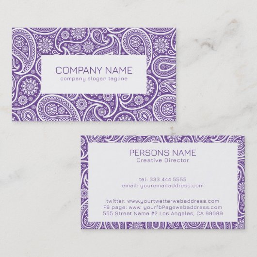 紫と白のヴィンテージペイズリーパターン 名刺 (正面/裏面)