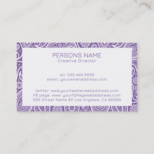 紫と白のヴィンテージペイズリーパターン 名刺 (裏面)