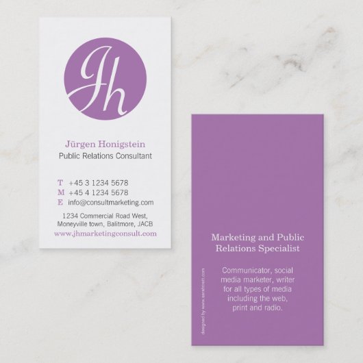 紫と白の丸のイニシャルの名モダン刺 名刺 (正面/裏面)