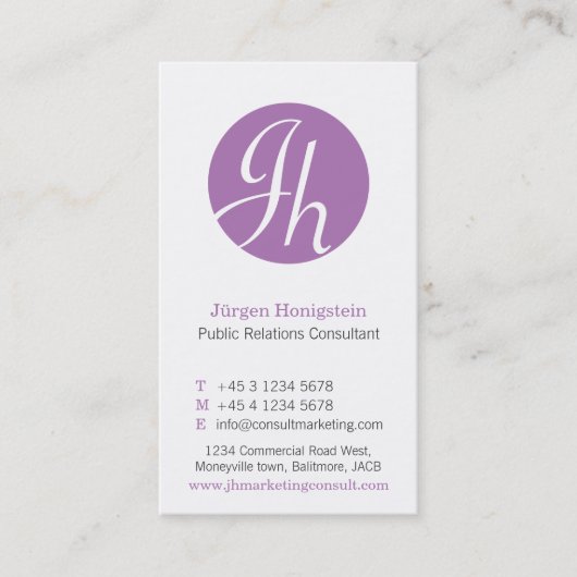 紫と白の丸のイニシャルの名モダン刺 名刺 (正面)