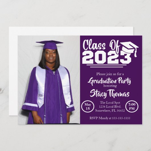 紫と白の写真卒業パーティー 招待状 (正面/裏面)