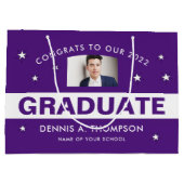 紫と白の卒業写真カスタム ラージペーパーバッグ (裏面)