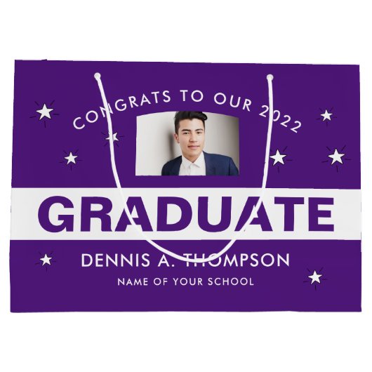 紫と白の卒業写真カスタム ラージペーパーバッグ (裏面)