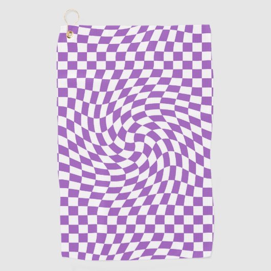 紫と白の反ったチェッ市松模様にカーボード ゴルフタオル (正面)