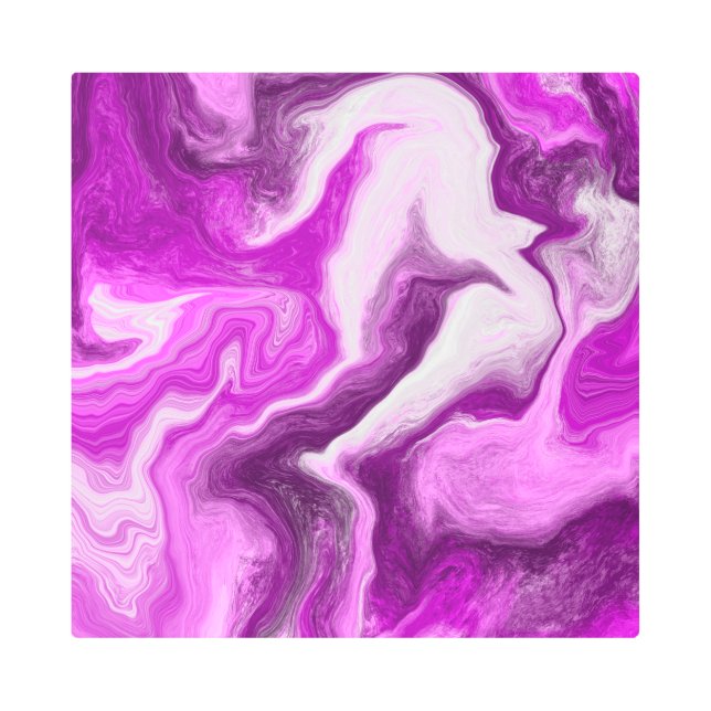 紫と白の大理石の渦巻き流体アート メタルプリント (正面)