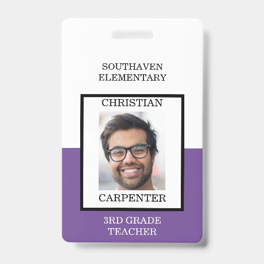 紫と白の学校の写真先生 バッジ (正面)