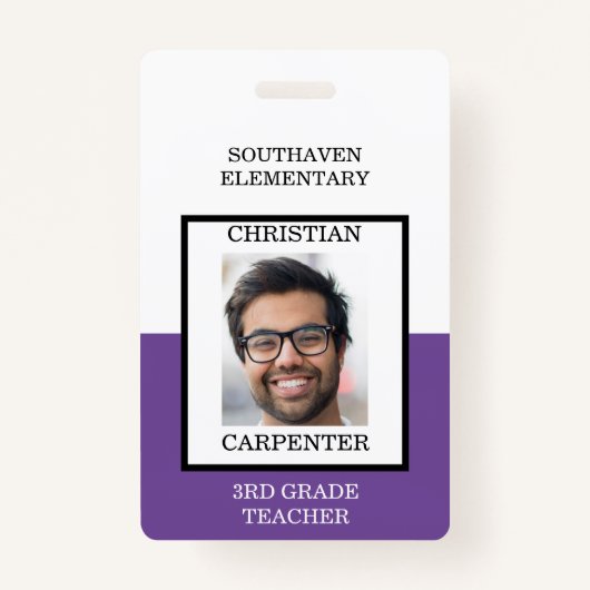 紫と白の学校の写真先生 バッジ (正面)