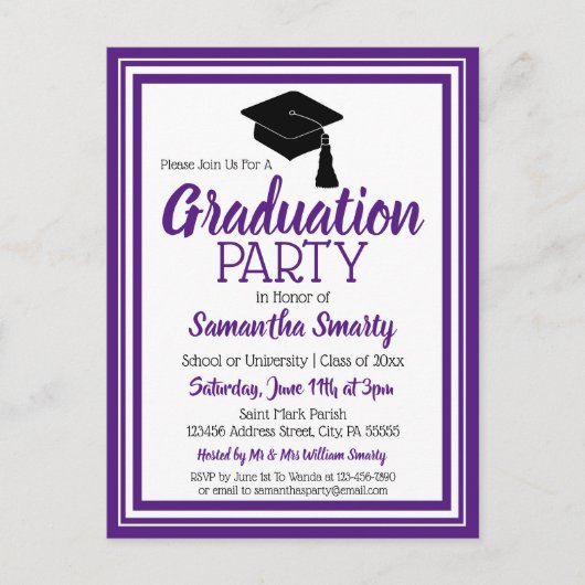 紫と白の学校の色のグラードパーティー インビテーションポストカード (正面)