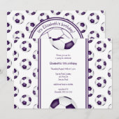 紫と白の少女サッカーの誕生日またはチームパーティー 招待状 (正面/裏面)