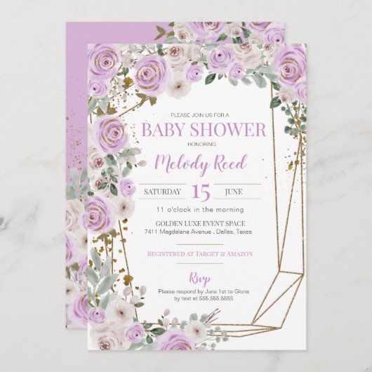 紫と白の水の色の花ガールベビーシャワー 招待状 (正面/裏面)