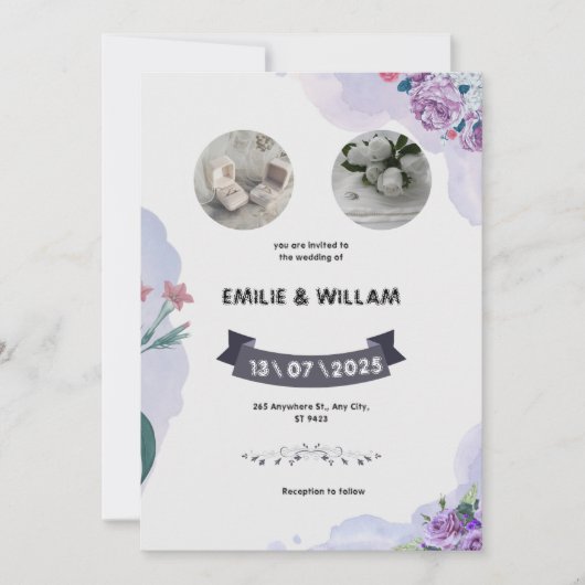 紫と白の水色の結婚式招待状 招待状 (正面)