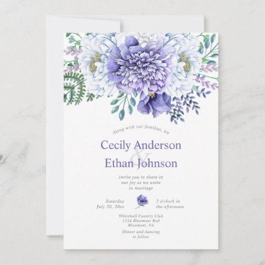 紫と白の牡丹結婚フローラ 招待状 (正面)