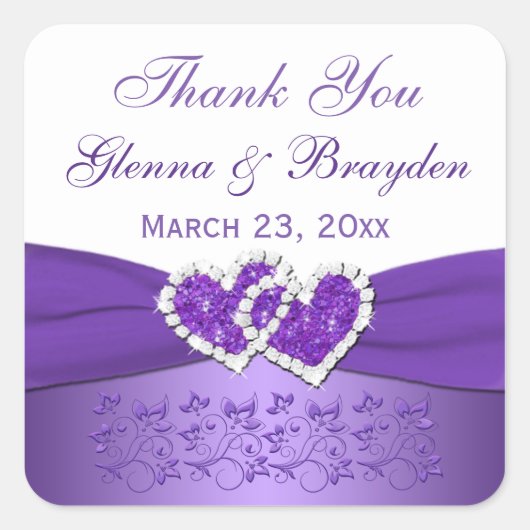 紫と白の結合ハート結婚のステッカー スクエアシール (正面)