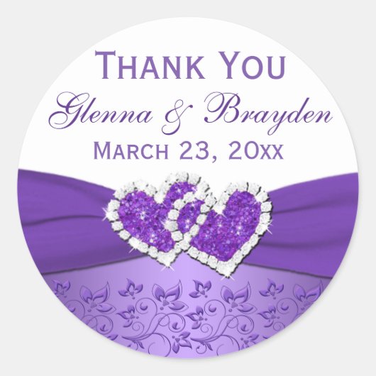 紫と白の結合ハート結婚のステッカー ラウンドシール (正面)