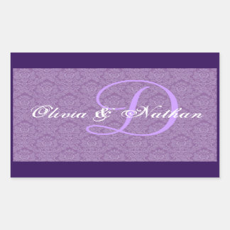 紫と白の結婚ダマスクモノグラムDシール 長方形シール