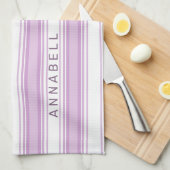 紫と白の縦のストライプ名前をカスタムする キッチンタオル (四つ折り)