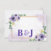 紫と白の花とゴールドフレームの結婚式の返信者 出欠カード (正面)