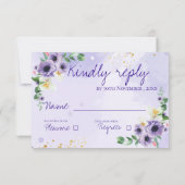 紫と白の花とゴールドフレームの結婚式の返信者 出欠カード (裏面)