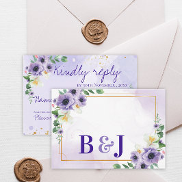 紫と白の花とゴールドフレームの結婚式の返信者 出欠カード