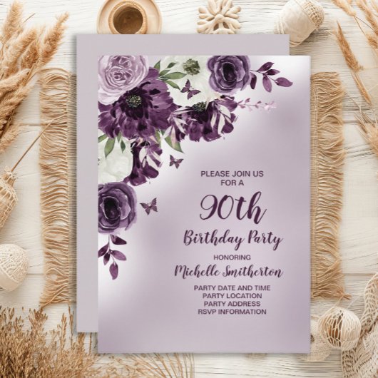 紫と白の花と蝶 90歳の誕生日 招待状