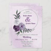 紫と白の花のグリーンリース ウェディング 招待状 (正面/裏面)