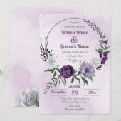 紫と白の花のグリーンリース ウェディング 招待状 (正面/裏面)