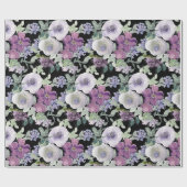 紫と白の花のバラ 黒地 ラッピングペーパー (フラット)