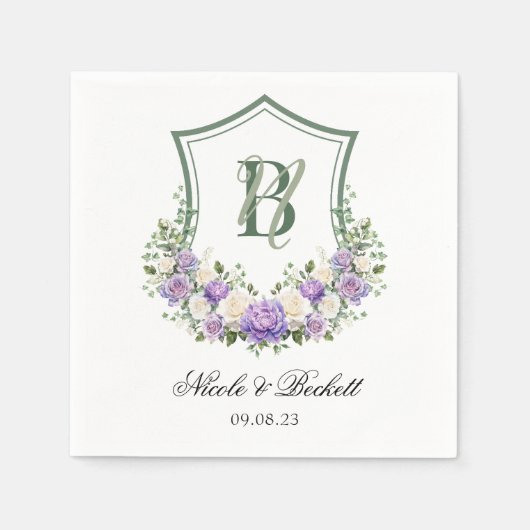 紫と白の花の紋章の結婚式 スタンダードカクテルナプキン (正面)