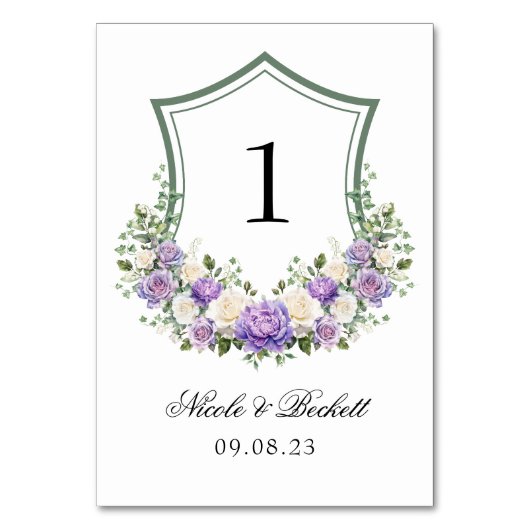 紫と白の花の紋章の結婚式 テーブルナンバー (正面)